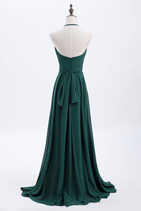 Hunter Green Halter Chiffon A-line Long Bridesmaid Dress