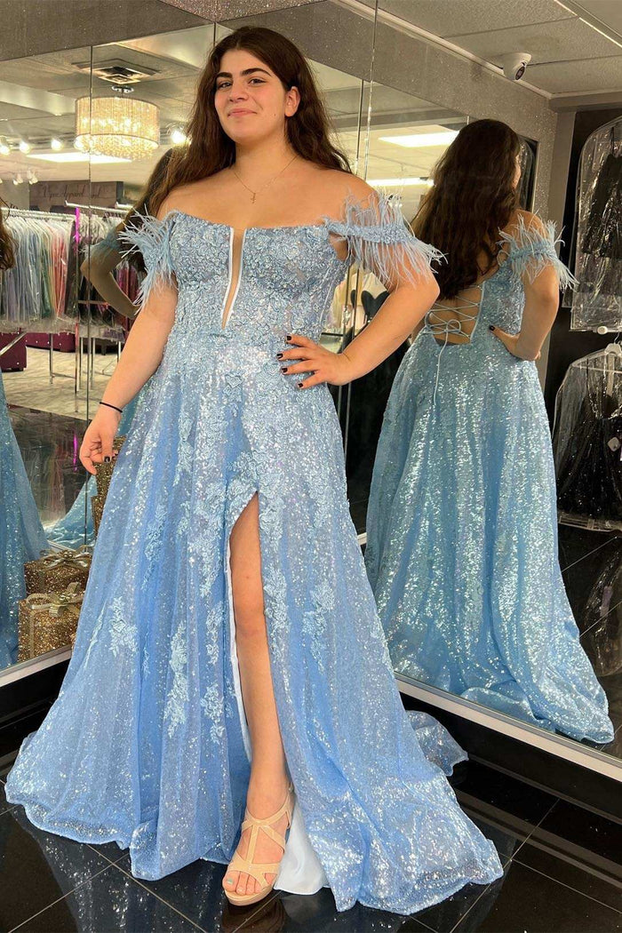 Off-the-Shoulder Blue Sequin Feather A-Line Prom Dress with Slit