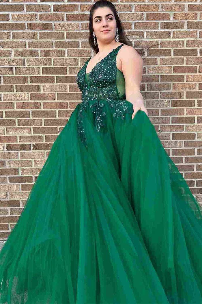 Hunter Green A-line V Neck Beaded Applique Tulle Long Prom Dress