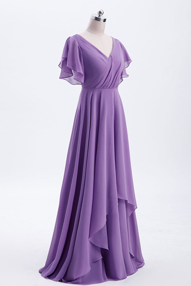 Flutter Sleeves Lavender Chiffon A-line Long Bridesmaid Dress