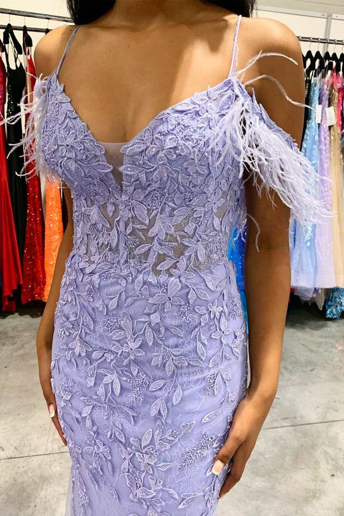 Lavender Appliques Feather Mermaid Long Prom Dress