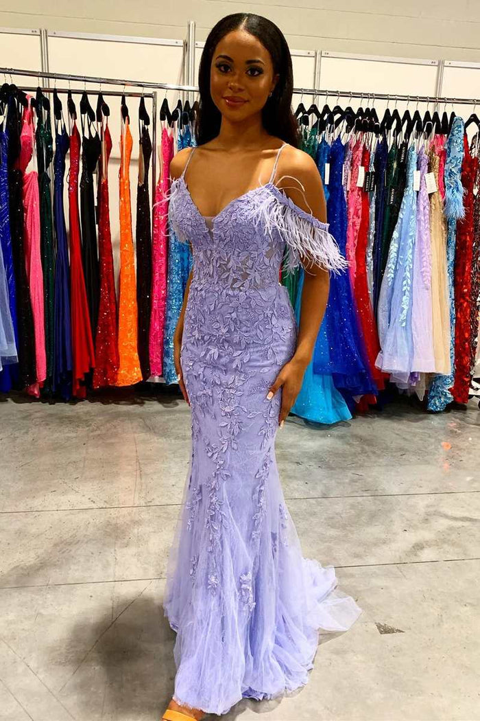 Lavender Appliques Feather Mermaid Long Prom Dress