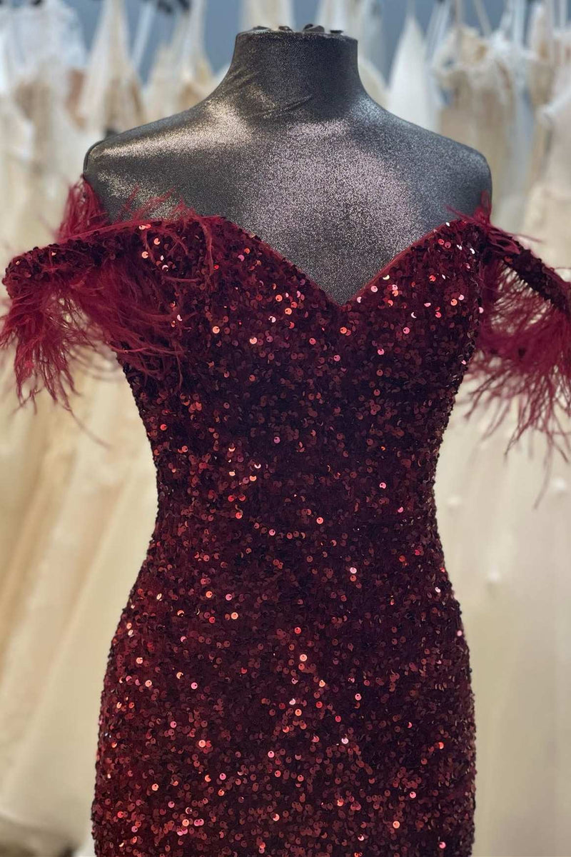 Burgundy Sequin Feather Off-the-Shoulder Mermaid Long Prom Gown