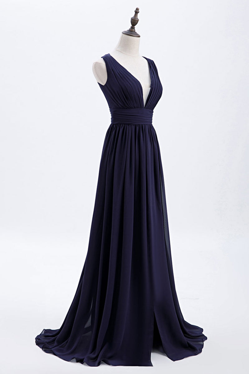 Empire Navy Blue Chiffon A-line Long Bridesmaid Dress
