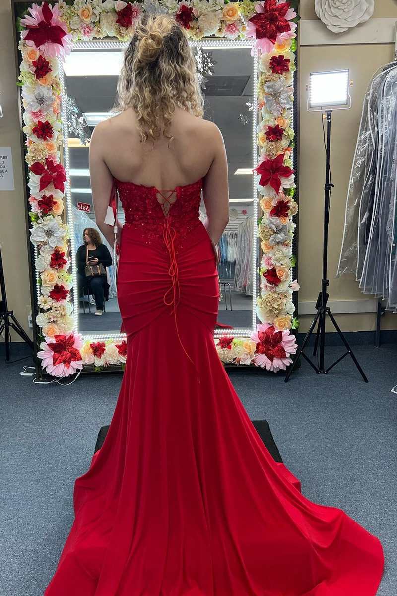 Red 3D Floral Lace Strapless Mermaid Long Prom Dress