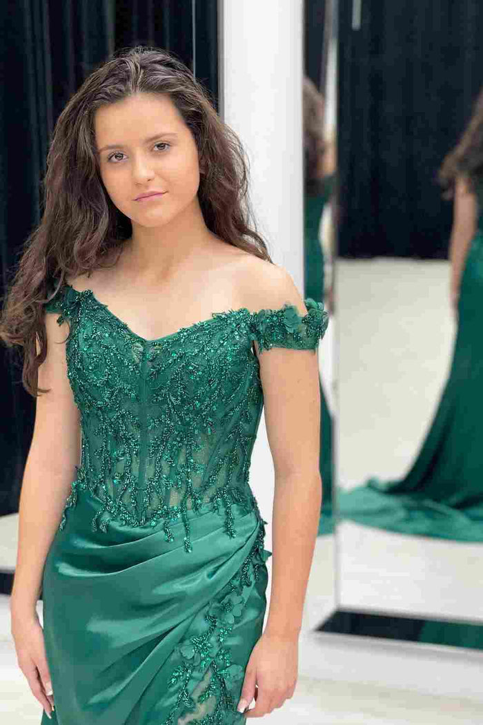 Green Mermaid Off-Shoulder Applique Pleated Satin Long Prom Dress with Slit