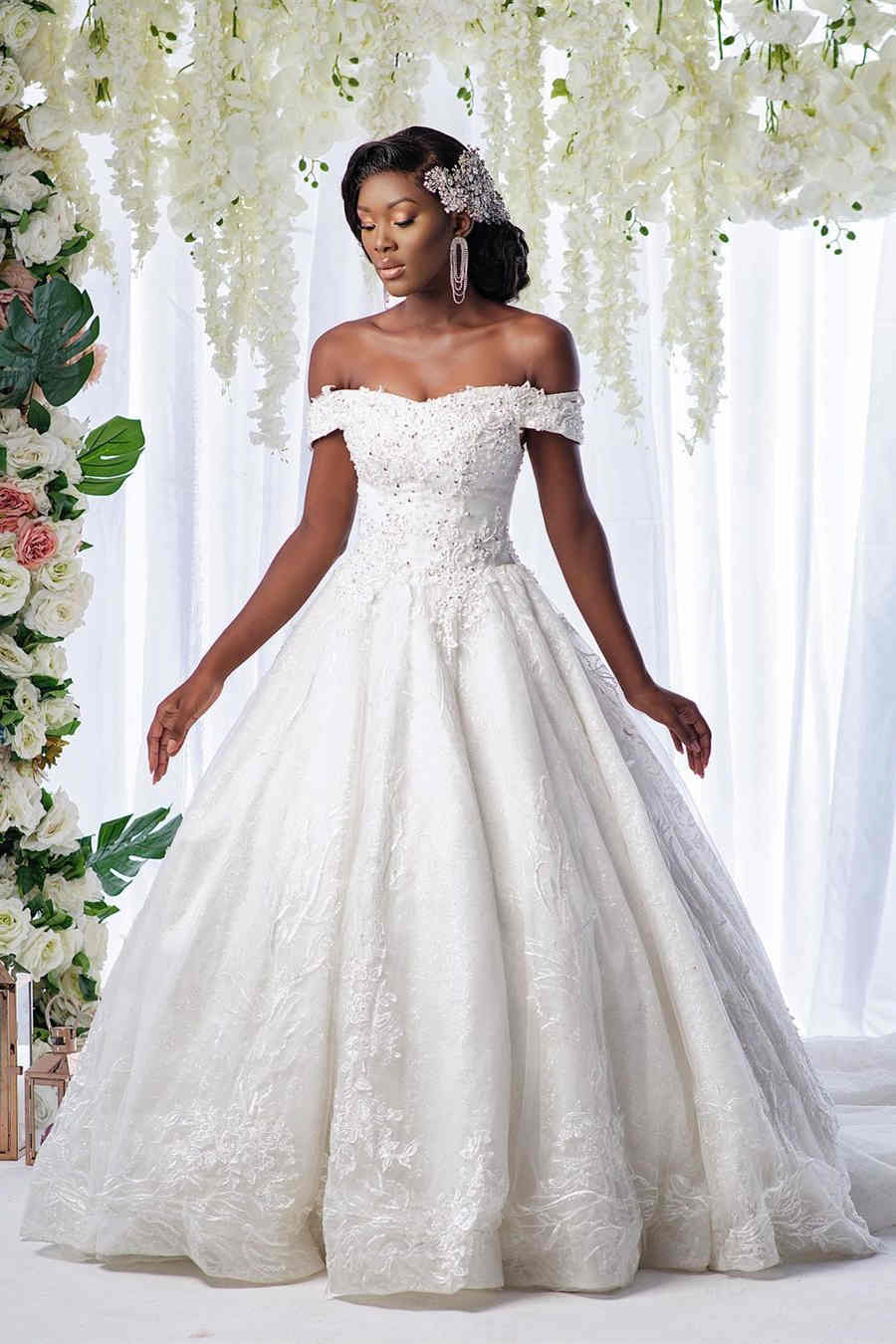 Off the shoulder Beaded Lace White Wedding with Train