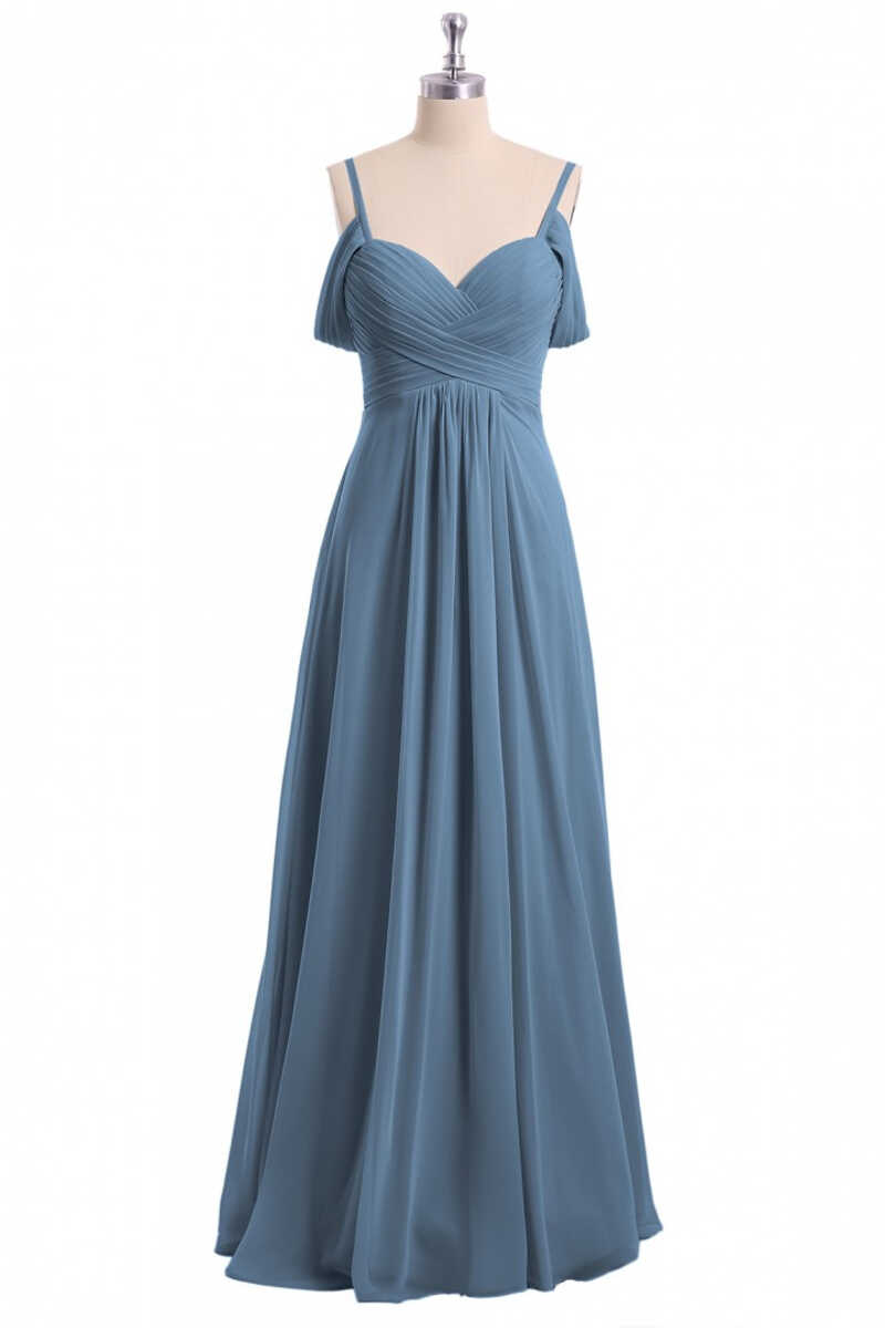 Dusty Blue Chiffon Cold Shoulder A-Line Long Bridesmaid Dress
