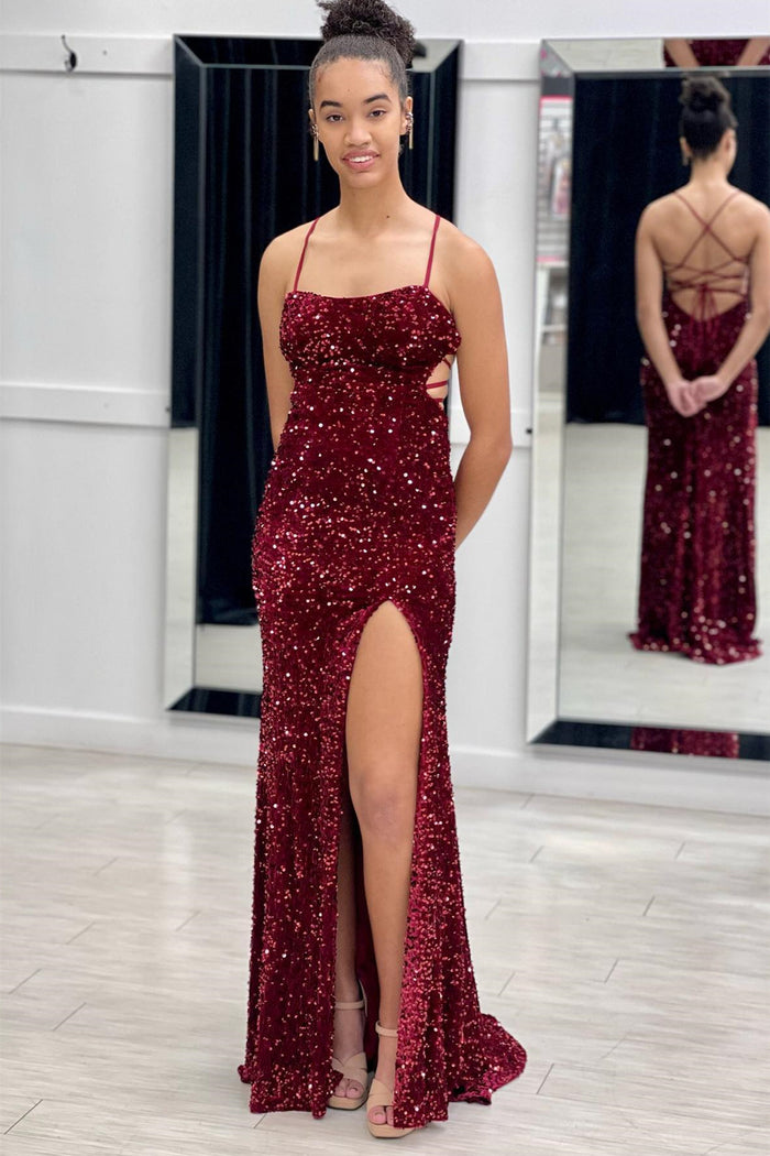 Burgundy Mermaid Lace-Up Back Sequins Long Prom Dress with Slit