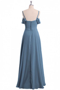 Dusty Blue Chiffon Cold Shoulder A-Line Long Bridesmaid Dress