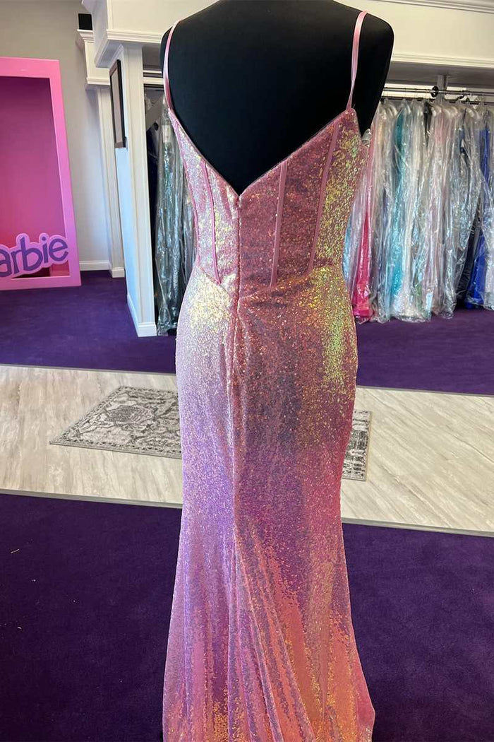 Pink Sequin Split Neck Mermaid Long Prom Gown