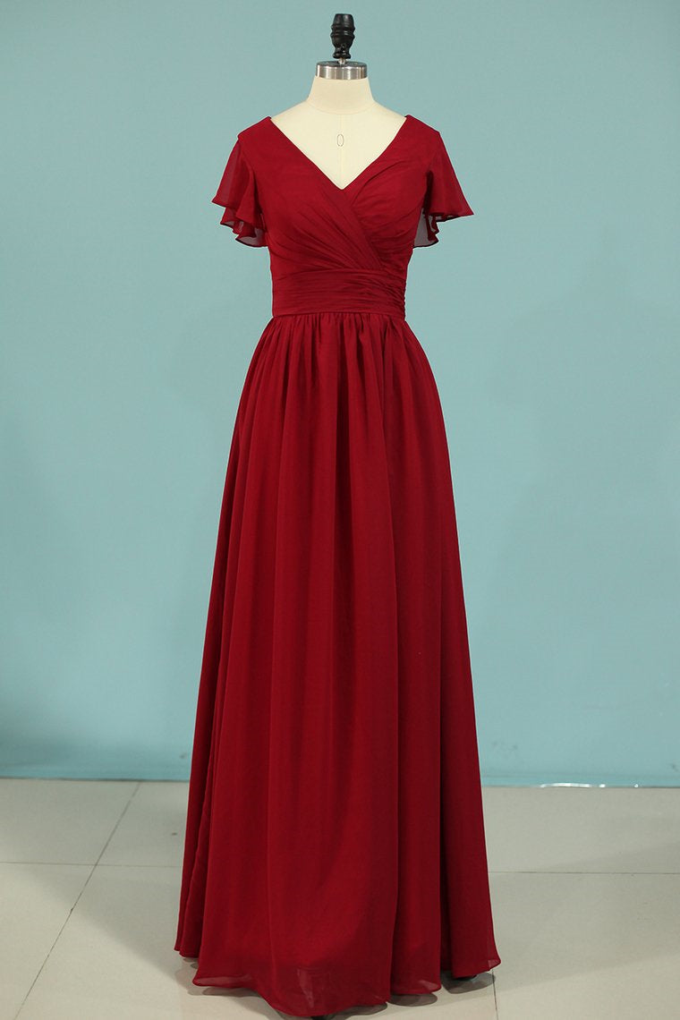 Red Chiffon V-Neck Ruffled A-Line Long Bridesmaid Dress