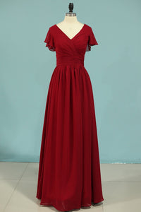 Red Chiffon V-Neck Ruffled A-Line Long Bridesmaid Dress