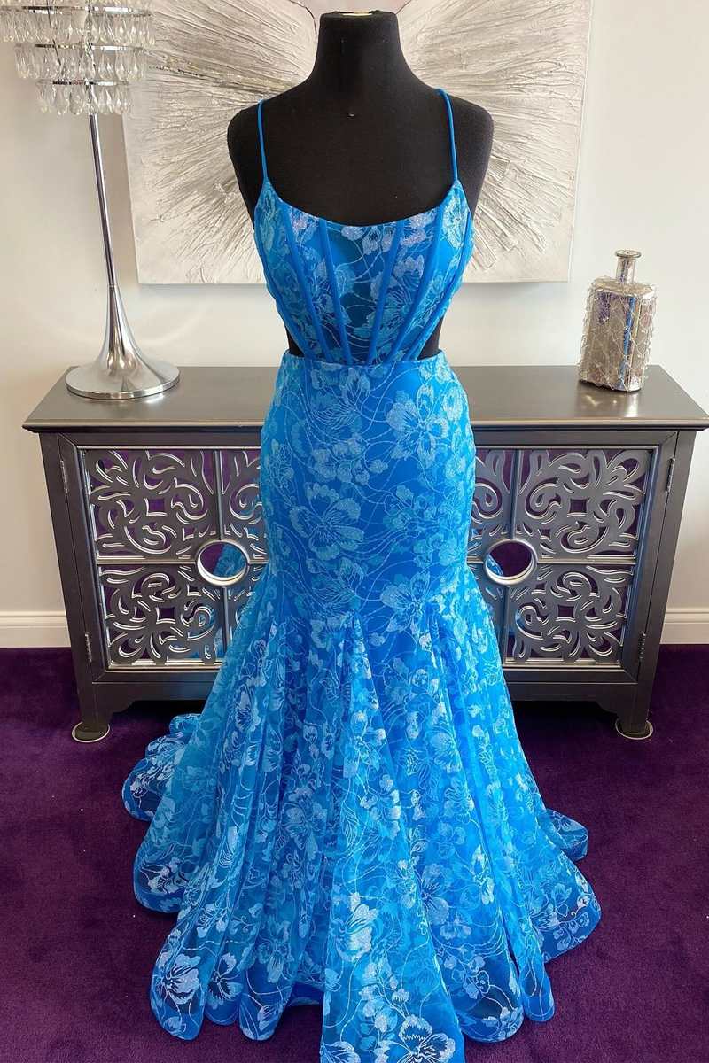 Blue Floral Lace Backless Trumpet Long Prom Gown