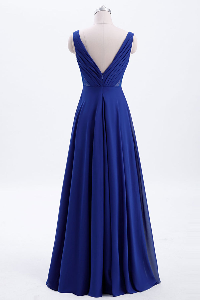 Royal Blue Pleated A-line Chiffon Long Bridesmaid Dress