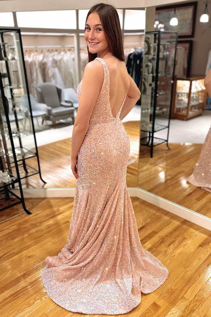 Pink Iridescent Sequin Plunge V Open Back Mermaid Long Formal Dress