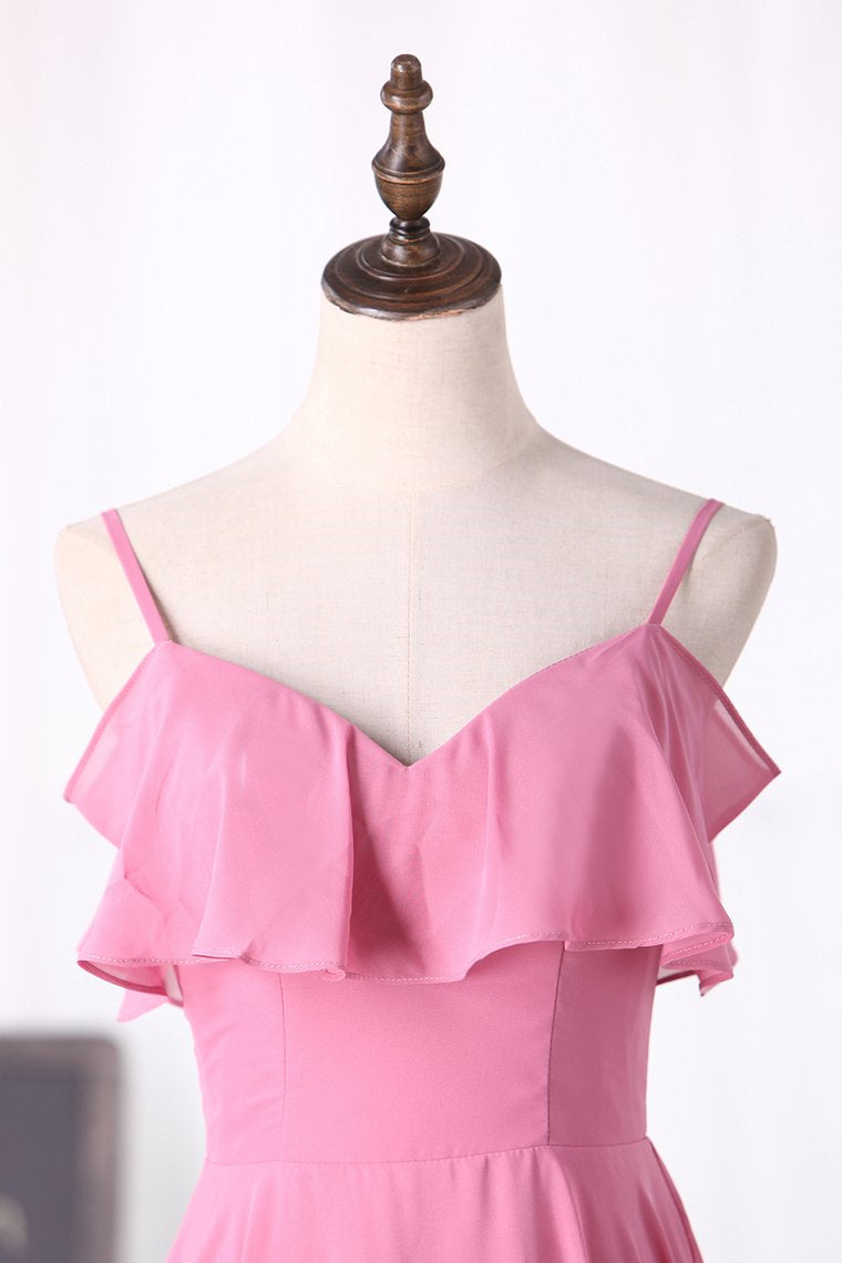 Pink Chiffon Straps Ruffled A-Line Long Bridesmaid Dress