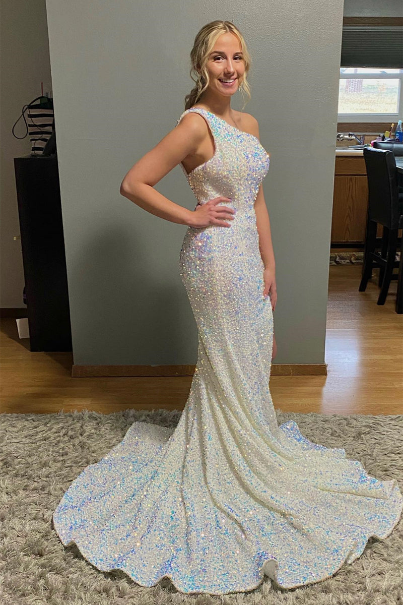 Ivory Mermaid One Shoulder Sequins Sweeping Long Prom Dress with Slit