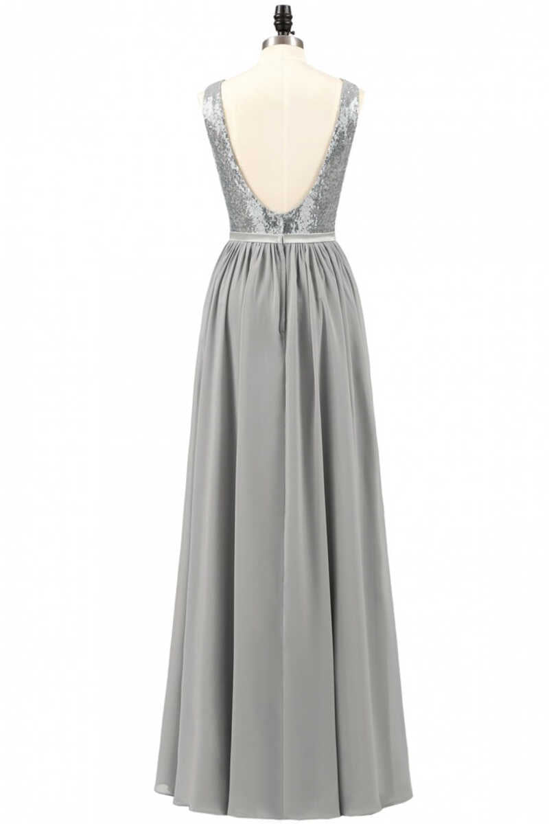 Grey Sequin Bateau Neck Backless A-Line Long Bridesmaid Dress
