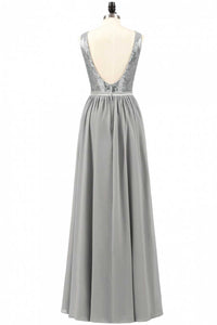 Grey Sequin Bateau Neck Backless A-Line Long Bridesmaid Dress