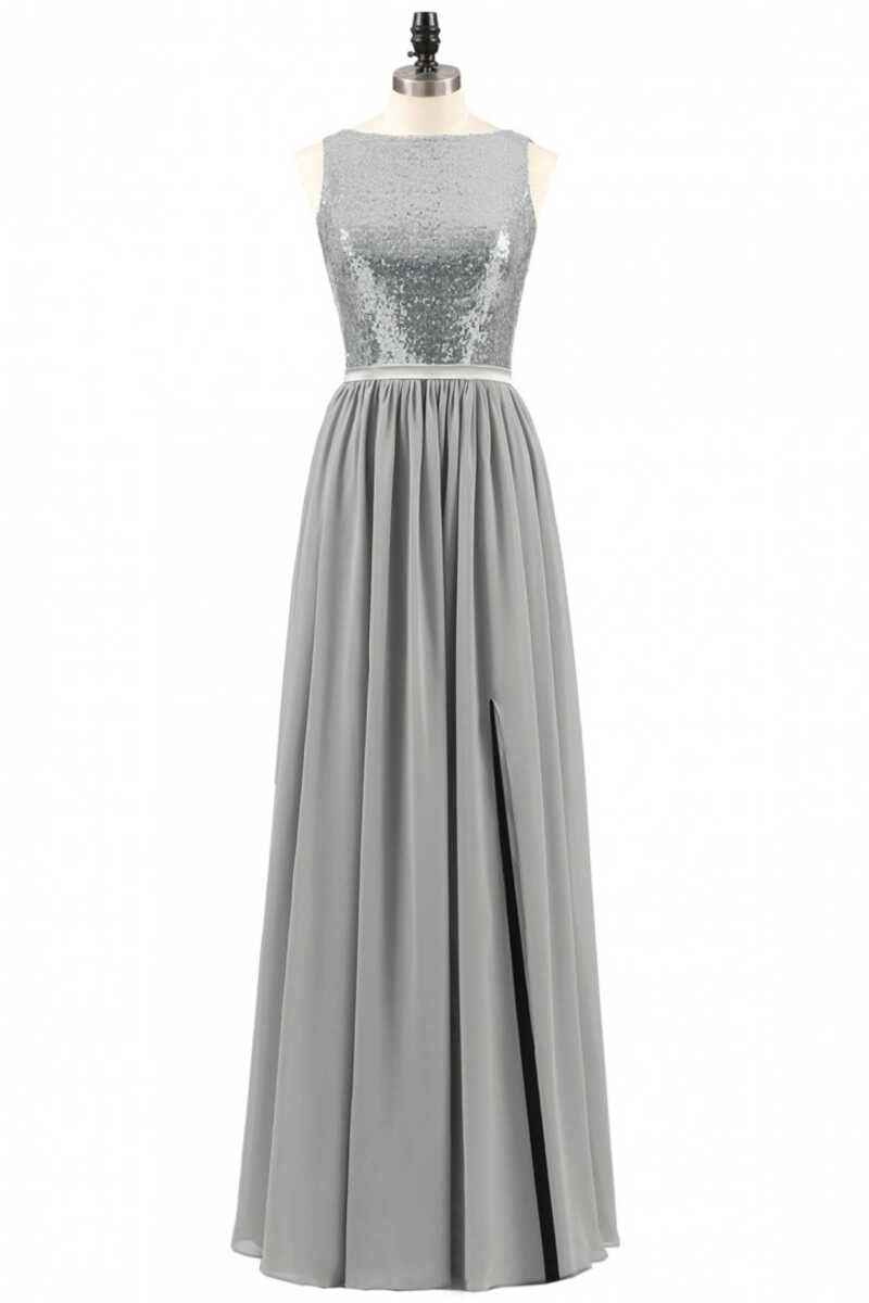 Grey Sequin Bateau Neck Backless A-Line Long Bridesmaid Dress