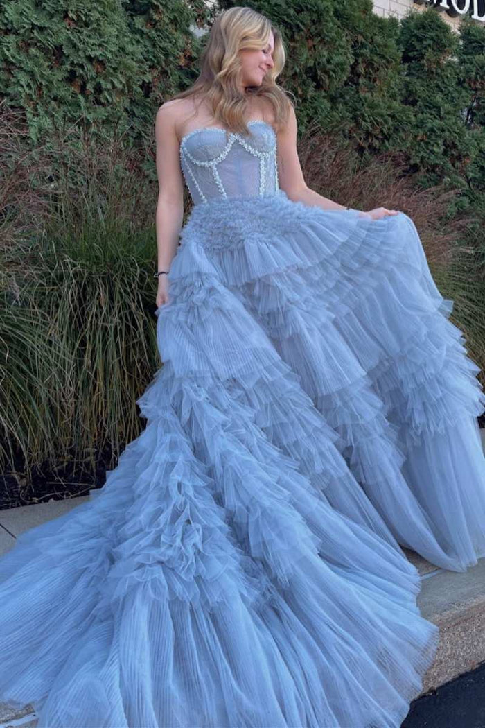 Fairy-Tale Tulle Beaded Strapless Multi-Tiered Long Prom Dress