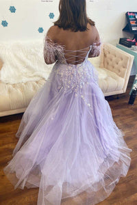 Lavender Floral Lace Feathers Off-the-Shoulder Lace-Up A-Line Prom Gown
