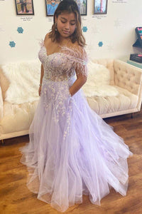 Lavender Floral Lace Feathers Off-the-Shoulder Lace-Up A-Line Prom Gown