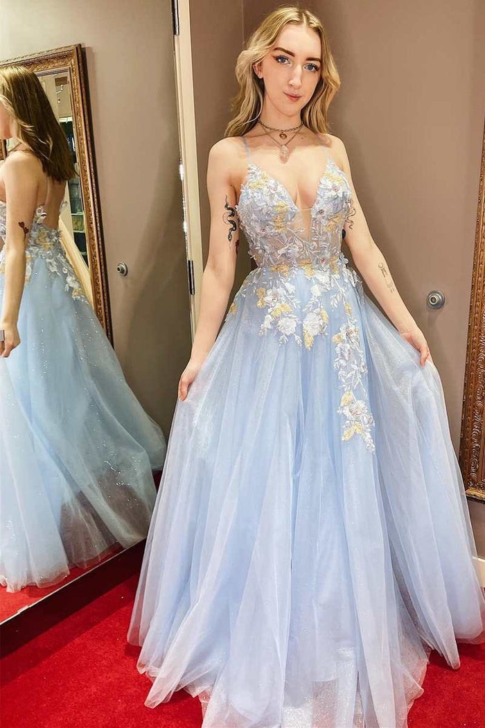 Light Blue Floral Lace Open Back A-Line Prom Dress