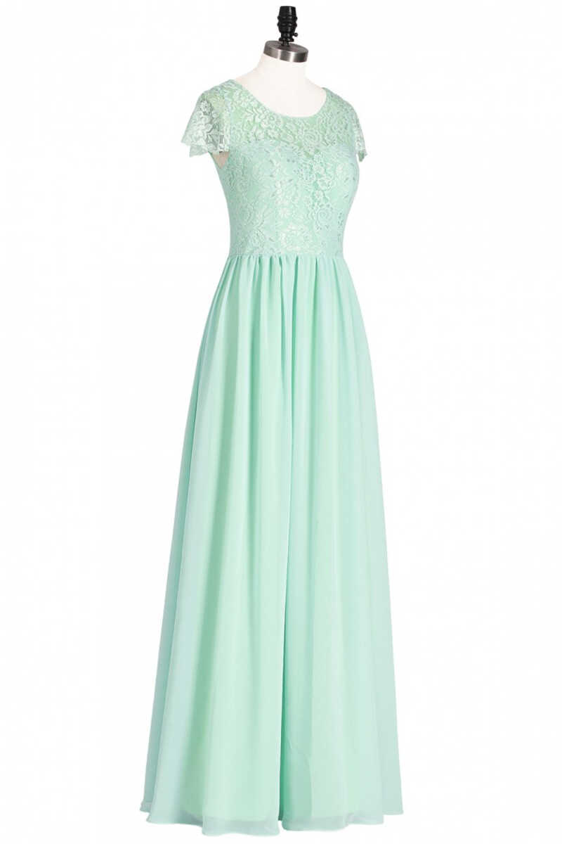 Sage Green Lace and Chiffon Cap Sleeve A-Line Long Bridesmaid Dress