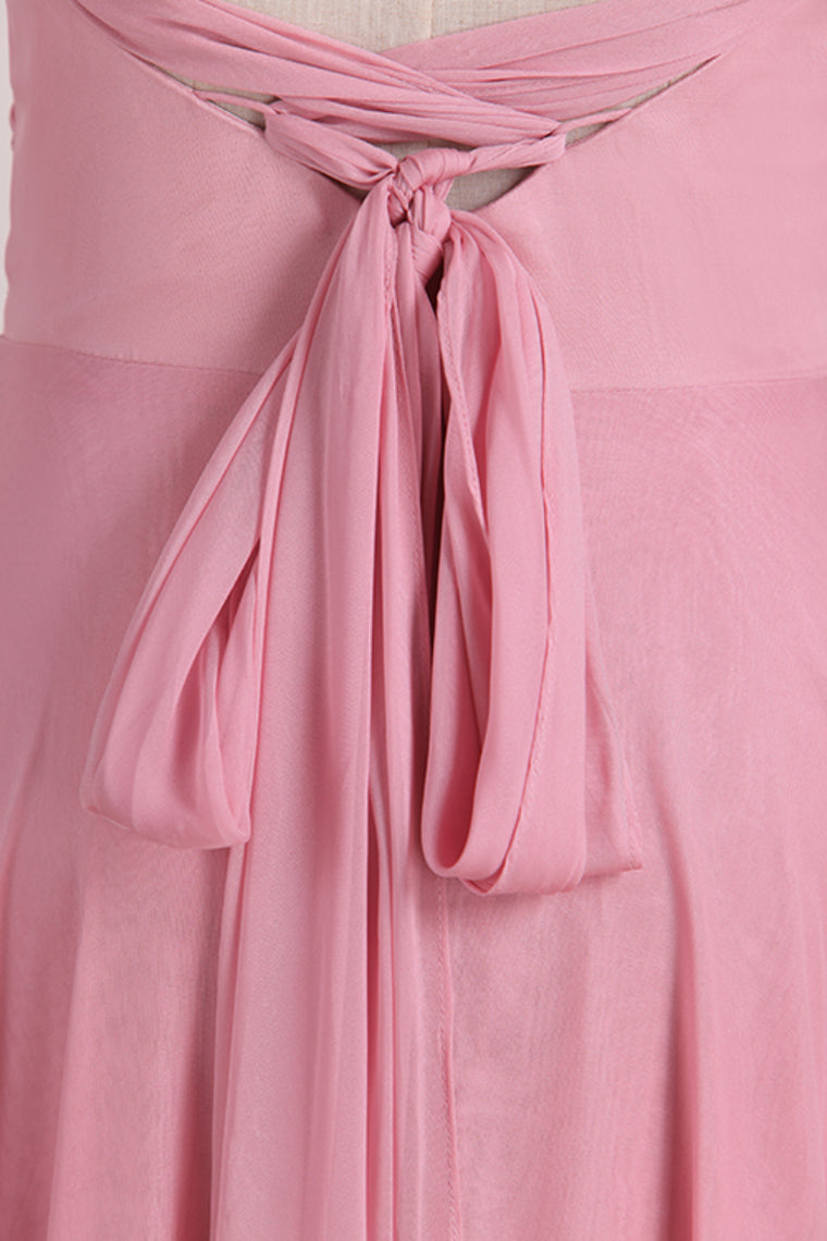 Pink V-Neck Lace-Up Long Bridesmaid Dress