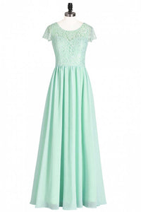 Sage Green Lace and Chiffon Cap Sleeve A-Line Long Bridesmaid Dress