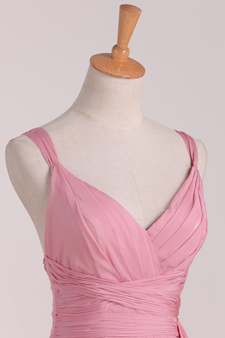 Pink V-Neck Lace-Up Long Bridesmaid Dress