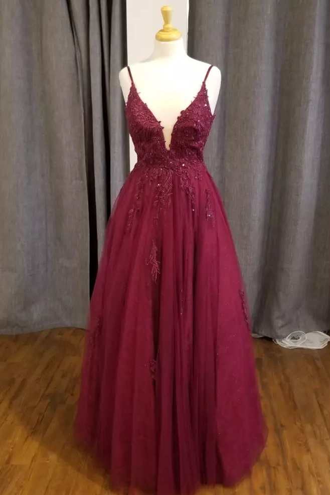 Wine Lace Appliques V-Neck A-Line Prom Dress