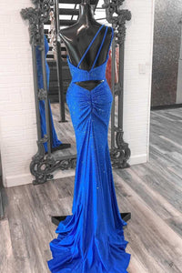 Blue Beaded One-Shoulder Ruched Long Formal Dress with Slit