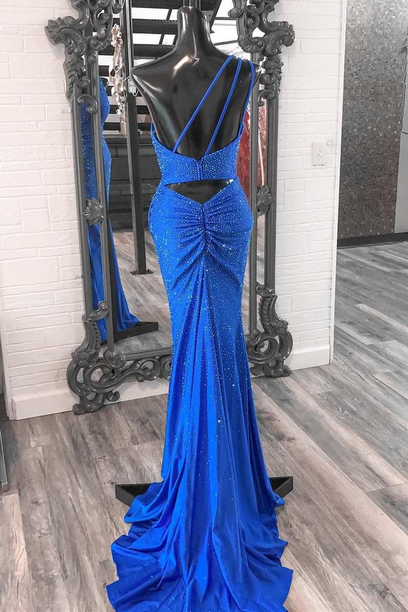 Blue Beaded One-Shoulder Ruched Long Formal Dress with Slit