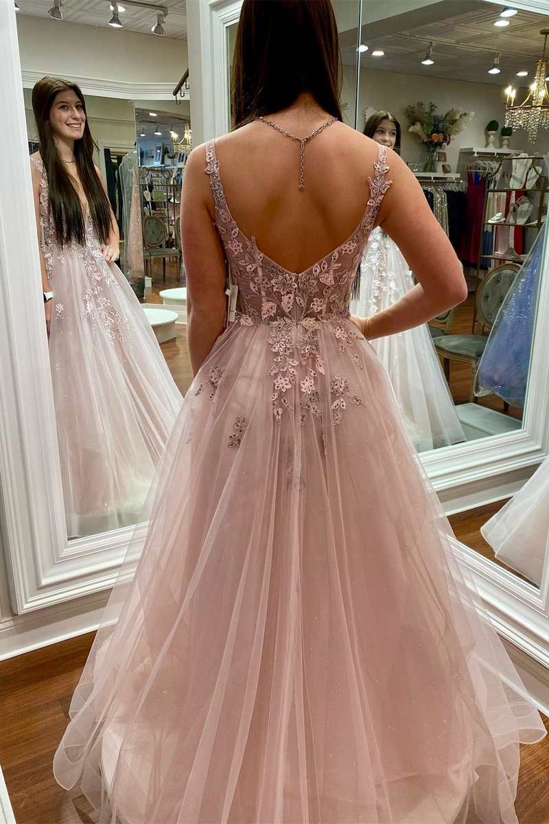 Floral Lace Plunge V Backless A-Line Prom Gown