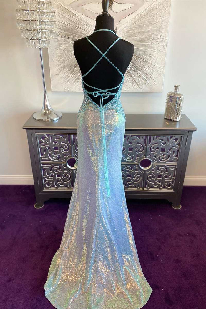 Blue Iridescent Sequin V-Neck Lace-Up Back Mermaid Long Prom Dress