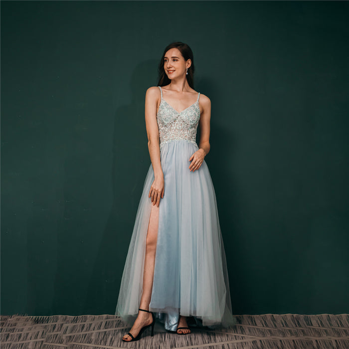 Light Blue Chiffon A-line Beaded Long Prom Dress