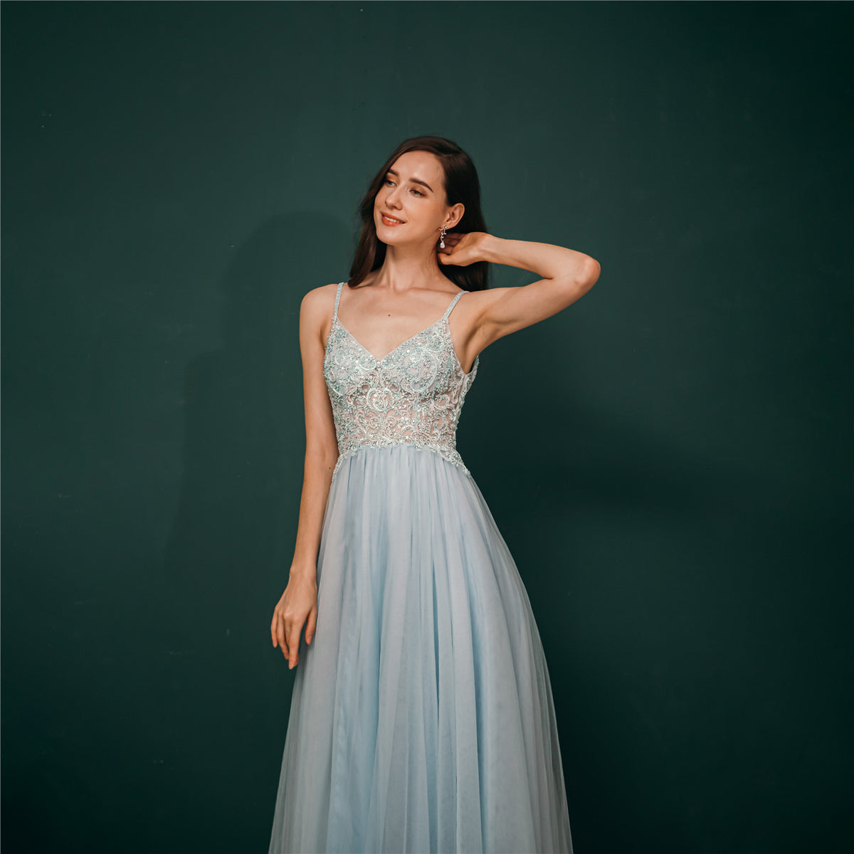 Light Blue Chiffon A-line Beaded Long Prom Dress