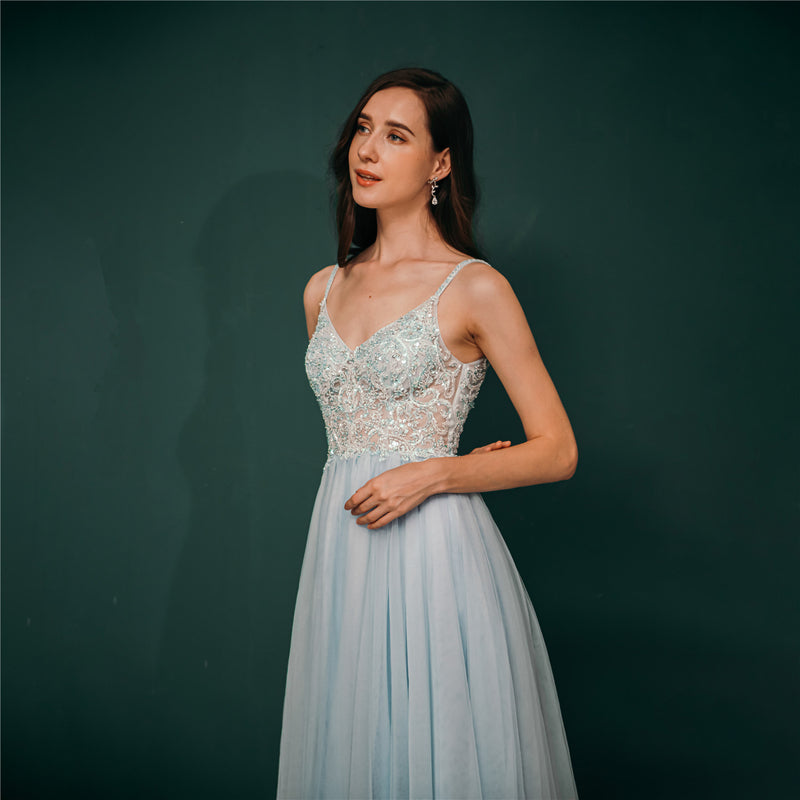 Light Blue Chiffon A-line Beaded Long Prom Dress