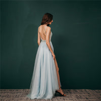 Light Blue Chiffon A-line Beaded Long Prom Dress