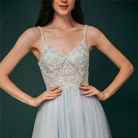 Light Blue Chiffon A-line Beaded Long Prom Dress