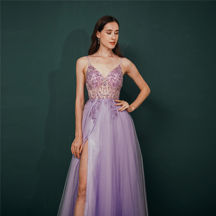 Light Purple A-line Rhinestones Tulle Long Prom Dress