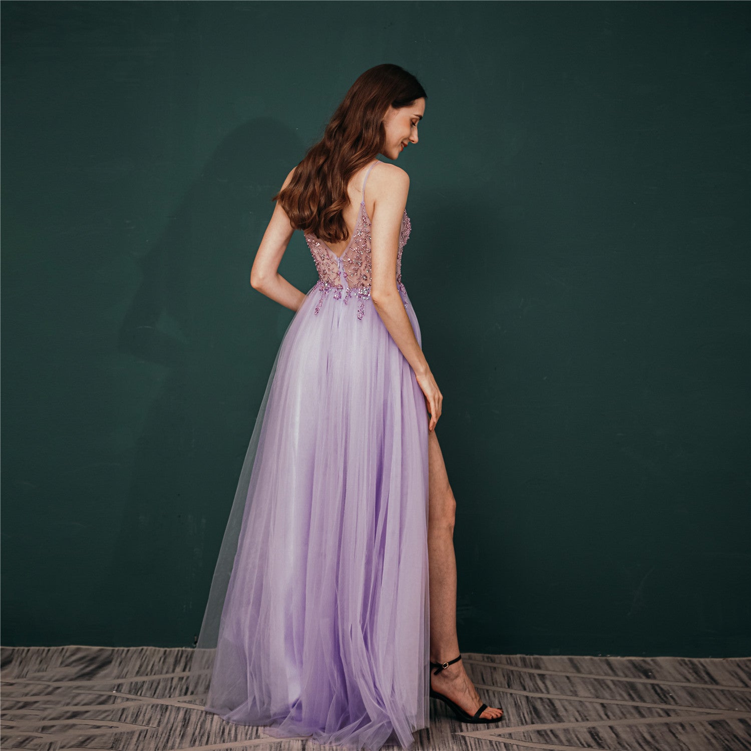 Elegant V Neck Purple Lace Tulle Long Prom Dress, V Neck Purple Formal –  abcprom