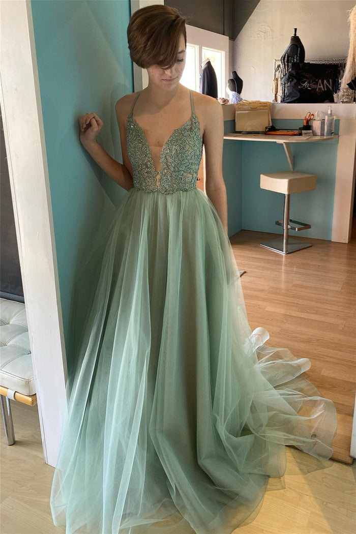 Dusty Sage Deep V Neck Beaded Appliques Lace-Up Tulle Long Prom Dress