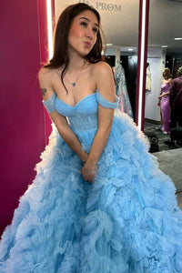 Blue Ruffles Off-the-Shoulder A-Line Prom Gown with Slit