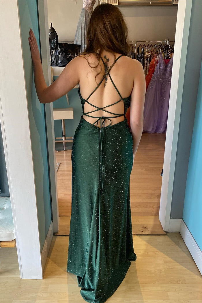 Green Mermaid Cowl Neck Beaded Lace-Up Back Long Prom Dress with Slit