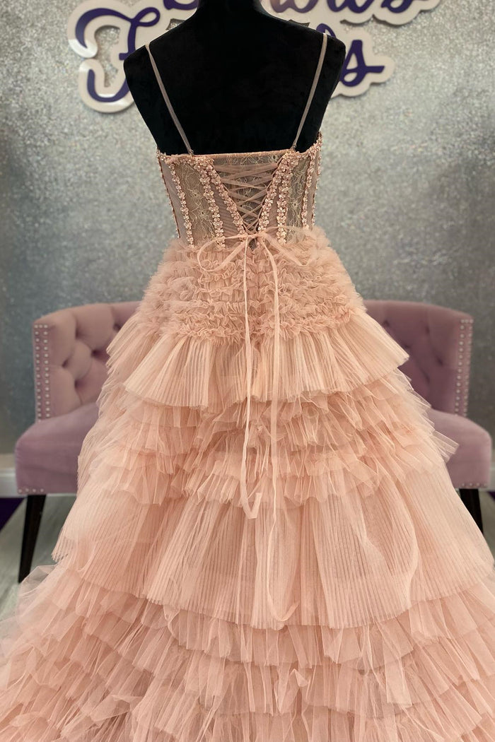 Blushing Pink Tulle Ruffle Layers Lace-Up Back A-Line Prom Dress