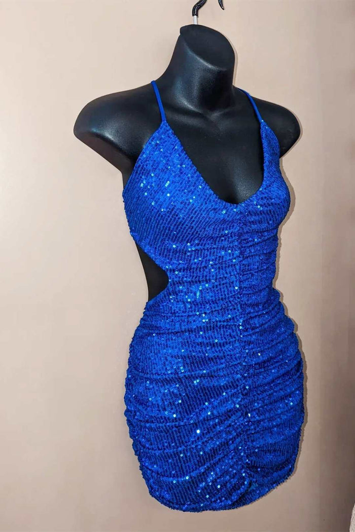 Blue Sequin Halter Tight Short Party Dress